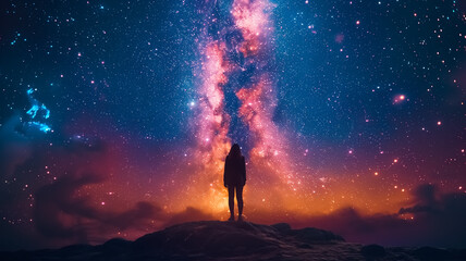 Person silhouette looking at the Milky Way galaxy at night, astronomy image