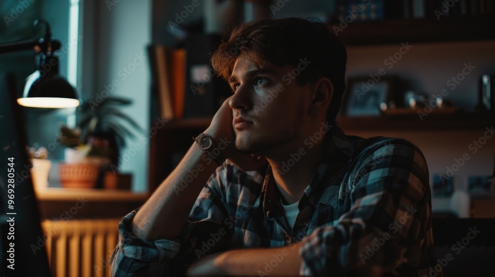 Poster a person sitting in front of a computer, working or browsing