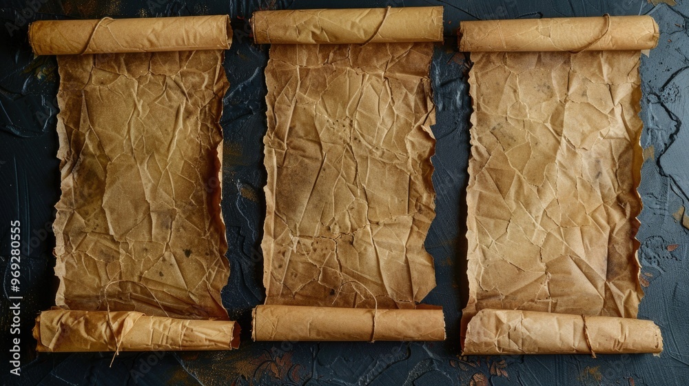 Poster three rolled up brown paper sheets sit on a blue surface, great for creative projects or as a decora