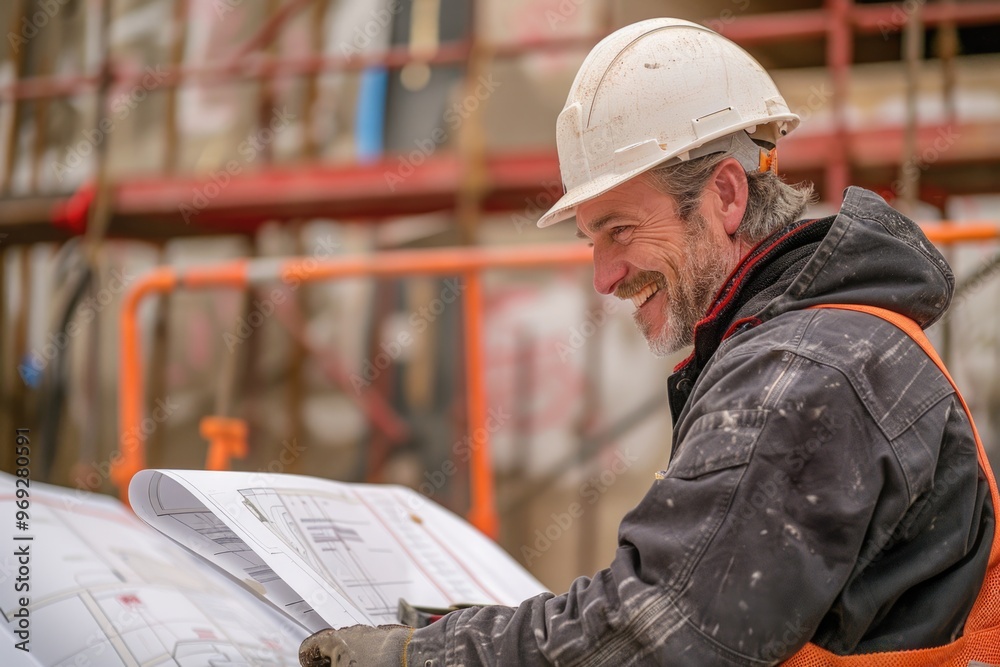 Poster man in hard hat studying architectural plans on site