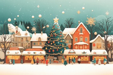 Festive Holiday Market in Paper Cut Style with Christmas Tree and Decorated Stalls, Creating Joyful Atmosphere