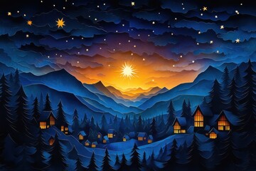 Tranquil Christmas Eve: Paper Cut Starry Night Sky Over Quiet Village with Glowing North Star