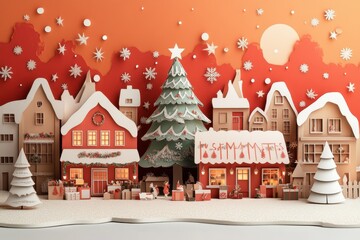Obraz premium Festive Holiday Market in Paper Cut Style with Christmas Tree and Decorated Stalls, Creating a Joyful Seasonal Scene