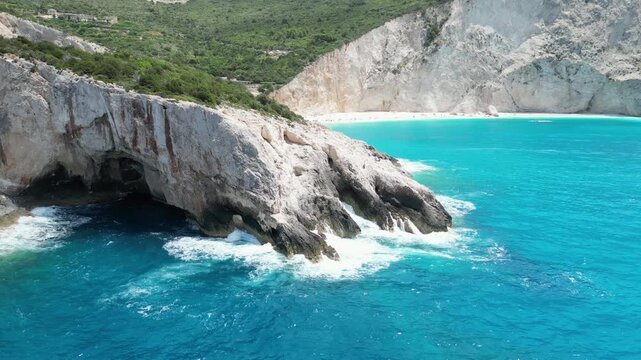 Aerial view of waves hitting the rocky shores of Porto Katsiki beach on the Greek island of Lefkada