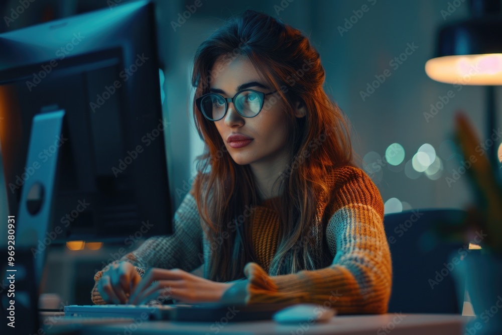 Poster a person sitting at a desk using a laptop, possibly doing work or studying