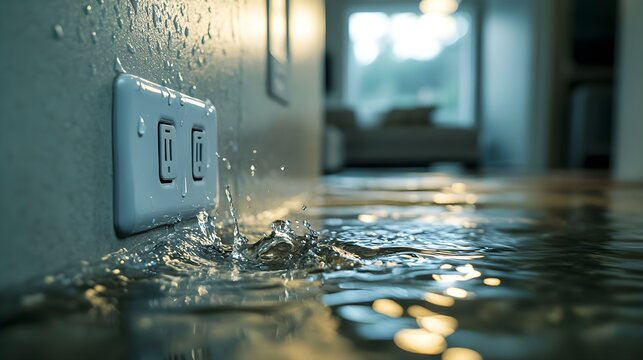 Water pooling around a dangerously exposed electrical outlet in a flooded living room, highlighting severe safety hazards and insurance claim urgency