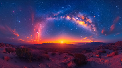 Fototapeta premium Milky Way panoramic view in the night sky , fantasy image of galaxy at night over the lake and mountain