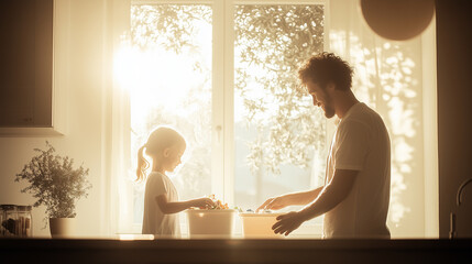 A father and his daughter sort recyclables into separate boxes in their kitchen. The scene is illuminated by warm, natural light, creating a soft and serene atmosphere indoors.