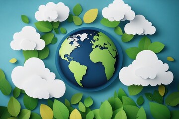 Naklejka premium Earth in Paper Cut Style with Floating Clouds and Leaves Signifying Nature Balance and Carbon Footprint Reduction