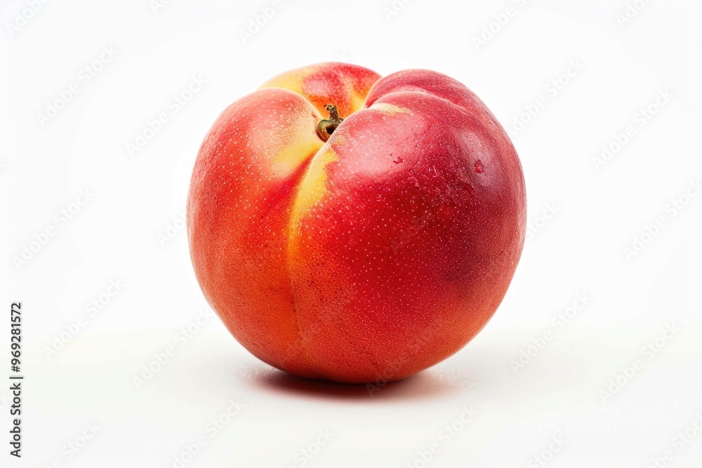 Poster a single ripe peach resting on a white surface