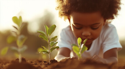 A young child carefully plants seedlings in the soil, bathed in warm sunset light. The tender moment captures the beauty of nurturing nature, reflecting growth, care, and environmental responsibility.