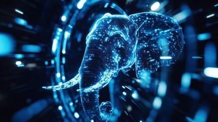 Obraz premium A digital representation of an elephant surrounded by glowing blue particles.