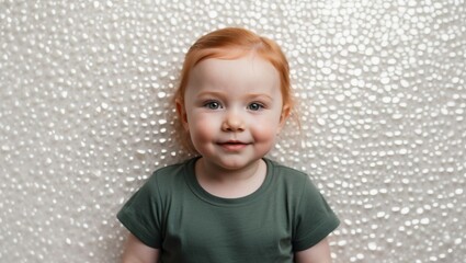 A smiling toddler with red hair against a sparkly background