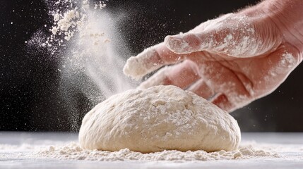 hand tossing pizza dough in the air, captured mid-spin, with flour dusting the surrounding area