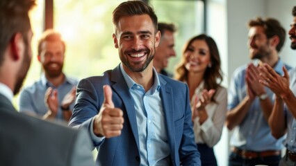 Obraz premium Office Colleagues Applauding a Man for Increased Work Efficiency in a Bright Office Setting