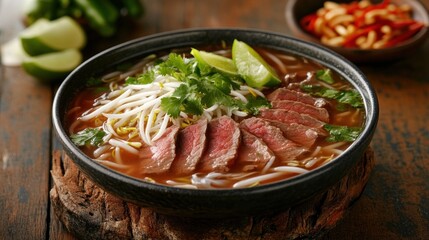 A bowl of pho with sliced beef, herbs, and lime, served with chili on the side.
