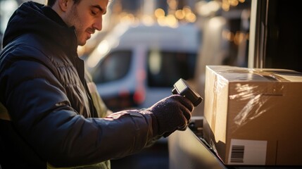 Fototapeta premium A delivery worker scanning a package in a van during the day.
