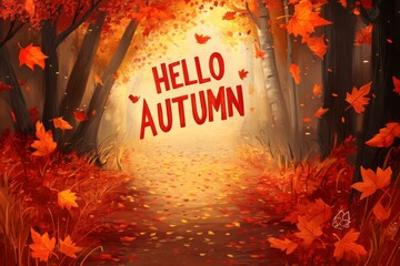 'hello autumn' with a backdrop of a forest path covered in vibrant red and orange leaves illustration