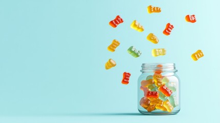 The bottle contains colorful gummy supplements, surrounded by scattered gummies, on a light blue background.