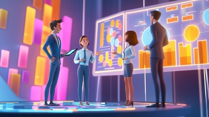 Futuristic Business Meeting in 3D Rendered Cartoon Style with High Luminosity on Holographic Chart Display, Generative AI