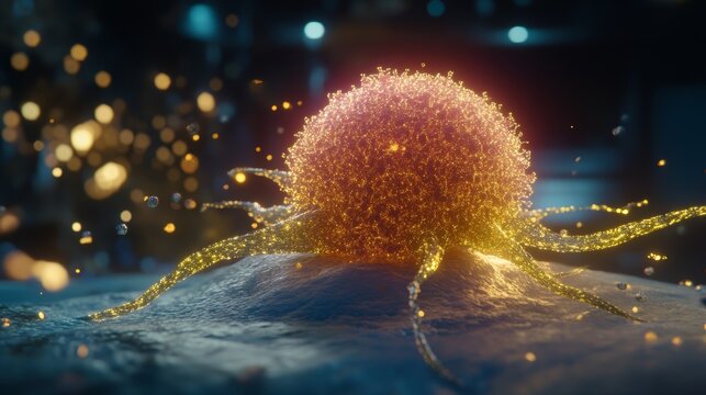 Detailed view of cellular structures and the process of tumor destruction from a microscopic perspective.