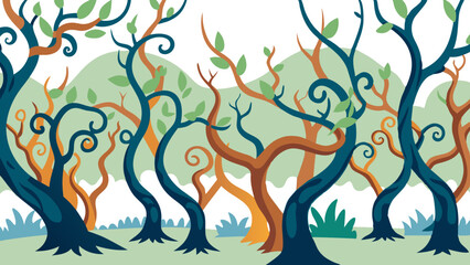 Naklejka premium an illustration of a whimsical forest scene. It features a variety of trees with twisting, curly branches. The trees are in shades of blue, green, and orange, giving the scene a colorful and playful 
