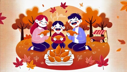 Obraz premium A cute and fun illustration of people happily eating roasted sweet potatoes together. The scene is warm and cheerful, with an outdoor autumn setting