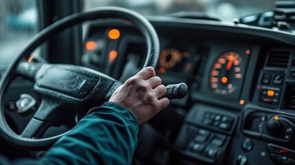 Obraz premium A close-up of a hand gripping a steering wheel inside a vehicle's cockpit.