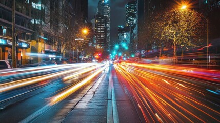Obraz premium A vibrant cityscape at night with streaks of light from moving vehicles.