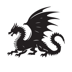 Fantasy Dragon Silhouette - Mythical Creature Outline, Vector drawing of a black dragon silhouette that sits