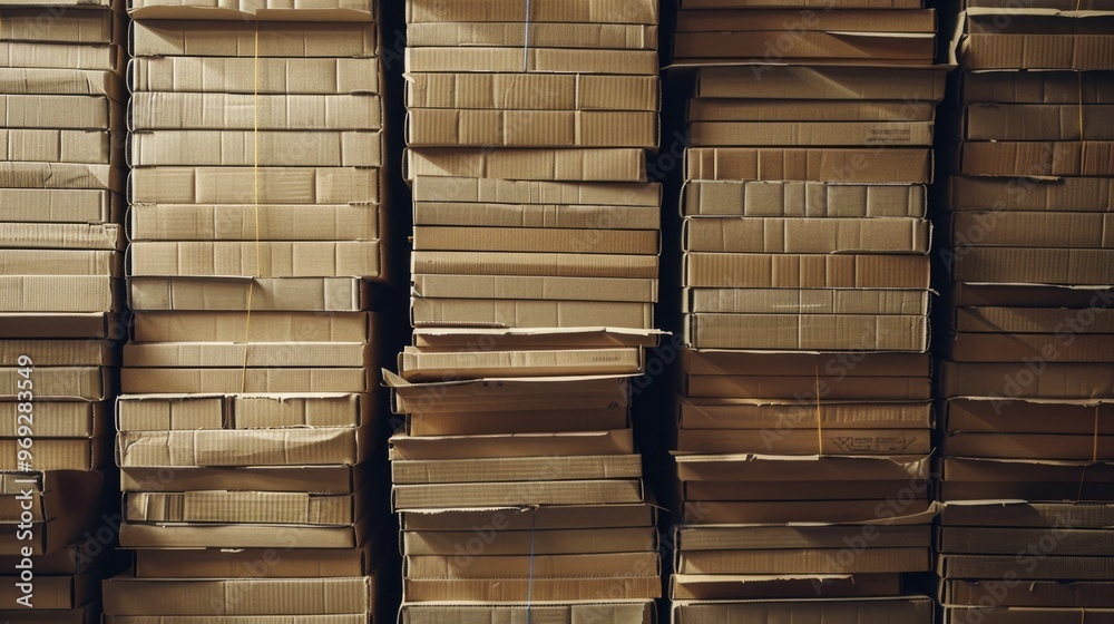 Poster a pile of cardboard boxes stacked high, ideal for storage or moving