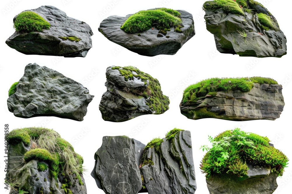 Poster a close-up shot of a stack of rocks covered in green moss