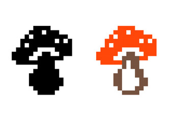 cute mushroom pixel art icon. black and orange mushroom. hand drawn fun cartoon.