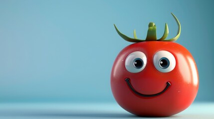 Happy Tomato with Big Eyes Smiling on Blue Background