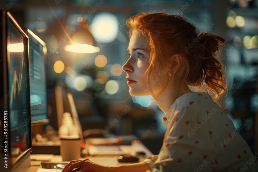Poster A person sitting in front of a computer screen with a thoughtful expression, ideal for use in technology-related projects or illustrations