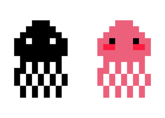 Pixel art cute jellyfish. Cute animal illustration. black and pink cute jellyfish.