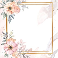 Sophisticated Invitation Design: White Background, Gold Frame, and Delicate Watercolor Floral Edges