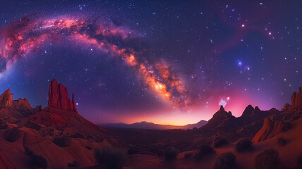 Milky Way panoramic view in the night sky , fantasy image of galaxy at night over the lake and mountain