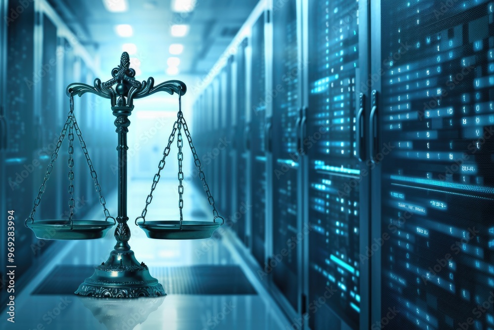 Poster a scale of justice in a server room setting