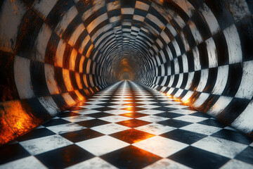 A tunnel with a checkerboard pattern of 3D cubes,