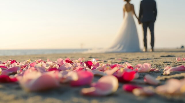 A sunset wedding ceremony by the beach with a couple in focus, surrounded by rose petals.