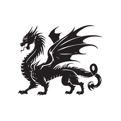 Fantasy Dragon Silhouette - Mythical Creature Outline, Vector drawing of a black dragon silhouette that sits