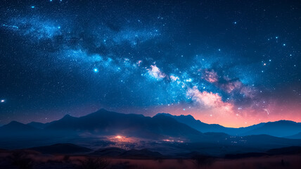 Fototapeta premium Milky Way panoramic view in the night sky , fantasy image of galaxy at night over the lake and mountain