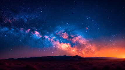 Obraz premium Milky Way panoramic view in the night sky , fantasy image of galaxy at night over the lake and mountain