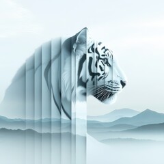 Abstract White Tiger in Misty Mountain Landscape