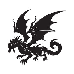 Fantasy Dragon Silhouette - Mythical Creature Outline, Vector drawing of a black dragon silhouette that sits