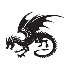 Fantasy Dragon Silhouette - Mythical Creature Outline, Vector drawing of a black dragon silhouette that sits