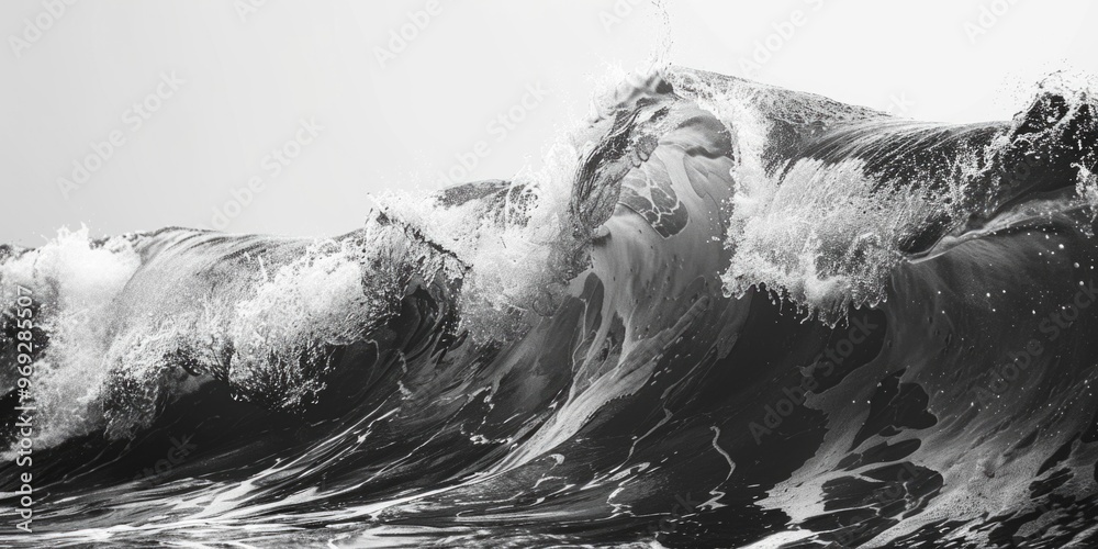 Poster a powerful wave crashes against the shore in this monochrome image