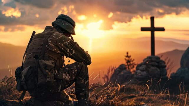 A soldier kneeling before a cross at sunset, reflecting or praying in a tranquil natural setting.