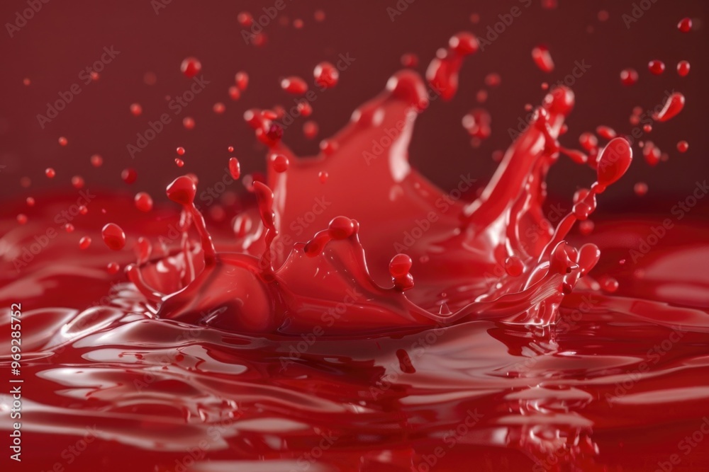 Poster A bright red liquid pours onto a red surface, creating a dynamic and eye-catching visual